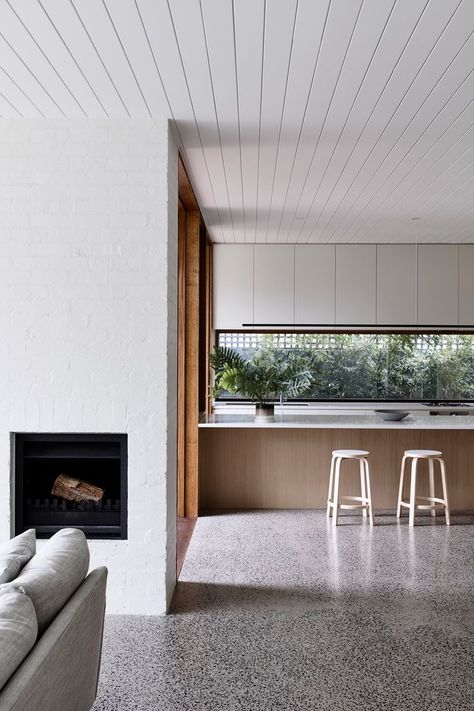 Rob Kennon Architects’ Brighton House takes its cues from the coastal location in the Melbourne suburb of Brighton, uniting a traditional palette with contemporary design to create spaces of controlled openness and retreat. The Brighton House creates an interplay of “some very large, open spaces, and hidden retreats throughout”, says Rob Kennon. V Groove Ceiling, Rob Kennon, Groove Ceiling, Interior Hallway, Remodel Farmhouse, Brighton Houses, Remodel Diy, Decor Eclectic, V Groove