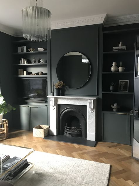 Dark Alcoves Living Rooms, Alcove Ideas Living Room, Alcove Ideas, Boston House, White Mantel, Black Feature Wall, Black Living, Victorian Living Room, Dark Living Rooms