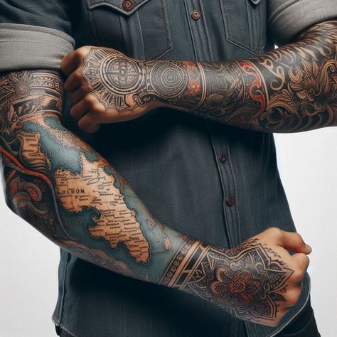 World Map Tattoo Sleeve, Detailed Sleeve Tattoos, Tattoo Armor, The World Is Yours Tattoo, World Map Tattoo, Geometric Tattoo Leg, Meaningful Tattoos For Men, World Map Tattoos, Adventure Tattoo