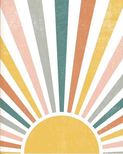 Boho Yearbook Theme, Retro Sun Wallpaper, Retro Yearbook Theme, Boho Sun Wallpaper, Boho Background, Yearbook Themes, Sun Illustration, Rainbow Painting, Bedroom Murals