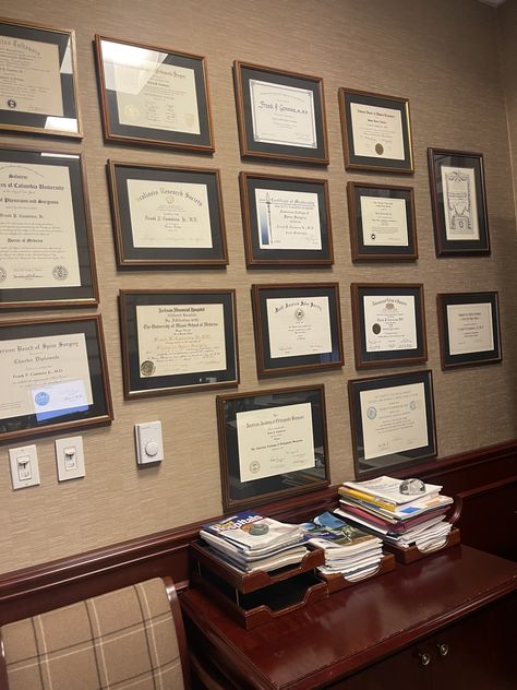 Office Diploma Wall, Degree Wall Display Ideas, Accomplishment Wall, Diploma Display Wall, Certificate Wall, Diploma Wall, Diploma Display, Degree Display, High Achiever