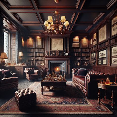 Discover timeless elegance in this luxurious man cave complete with mahogany bookcases, a vintage chandelier, Chesterfield sofa, oriental rug, cozy fireplace, and well-stocked whisky bar. Challenge yourself with a game on the classic pool table. #Mancave #VintageChic #LuxuryDesign #HomeBar #ClassyInteriors #GameRoom. Gentleman’s Club Living Room, Classy Man Cave Office, Office Chesterfield, Old English Interior Design, Gentlemans Room, Classy Man Cave, English Interior Design, Old World Interiors, Man Cave Office