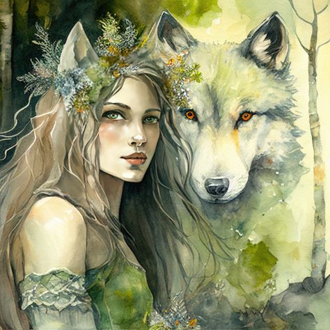 Nature forest goddess with her wolf Wolf Companion, Wolf Goddess, Wolf Woman, Forest Goddess, Spirit Wolf, Wolf Images, Watercolor Animals, Giclee Art, Giclee Art Print