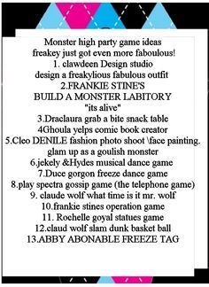 a list of monster high games and party ideas Monster High Activities, Monster High Birthday Party Activities, Monster High Birthday Party Decorations, Monster High Party Games, Monster High Party Ideas, Monster High Birthday Party Ideas, High Games, Monster High Birthday Party, Spelling Mistakes