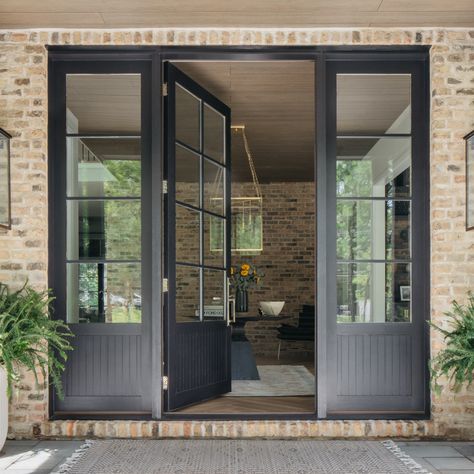 6 Lite Door, Single French Door With Side Windows, Double Door With Sidelights, Black Door House Exterior, Iron Glass Front Door, Front Door And Window Design, Glass Window Front Door, Double Glass Front Doors, Double Back Door