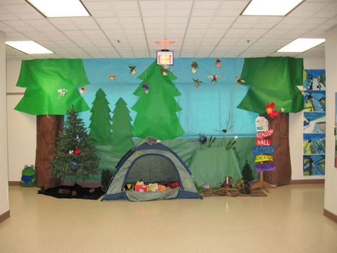 classroom+camping+theme+ideas | This camping-themed book fair features tents, ... | Classroom ideas Happy Camper Book Fair, Camp Out Vbs, Camp Vbs, Camping Classroom, Fair Theme, Scholastic Book Fair, Camping Bedarf, Camping Books, Auto Camping