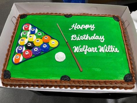 Pool balls, cue and table hand drawn on our sheet cake Pool Table Cakes Birthdays, Pool Table Birthday Cake, Billiard Cake Design, Sheet Cake Designs For Men, Billiards Cake, Pool Cakes, Pool Table Cake, Wilton Decorating Tips, Cake Design For Men