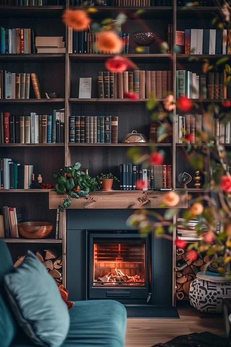 Cozy Fireplace Bookshelf Ideas for Your Home Electric Fireplace In Bookshelf, Books Over Fireplace, Fake Fireplace Bookshelf, Fireplace Library Bookshelves, Bookshelves Over Fireplace, Bookcase Over Fireplace, Bookshelves And Fireplace Wall, Bookcase Wall With Fireplace, Library With Electric Fireplace