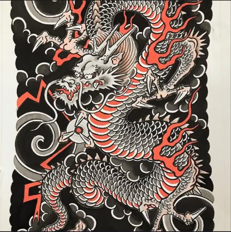 Dragon Tattoo Japanese Style, Traditional Tattoo Dragon, Traditional Japanese Dragon, Dragon Tattoo Stencil, Dragon Tattoo Drawing, Japanese Dragon Drawing, Asian Dragon Tattoo, Tato Tradisional, Tattoo Japanese Style