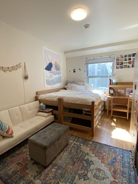 Couch Two Dorm Beds Pushed Together, Dorm Furniture Layout, College Room Layout Ideas, Single College Dorm Room Layout, Two Twin Xl Beds Together Dorm, Aesthetic Single Dorm Room, Single Double Dorm Room Ideas, Dorm Inspiration Minimalist Cozy, Stacked Beds Small Spaces