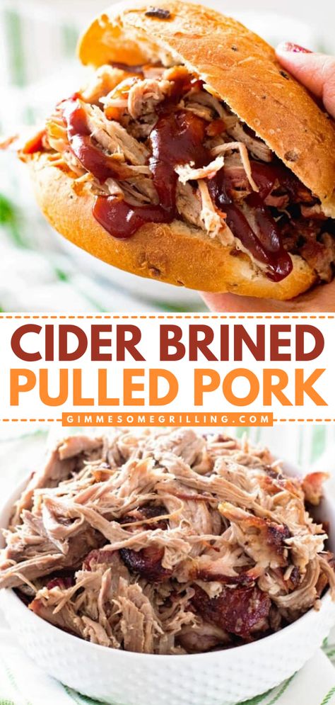 This Smoked Cider Brined Pulled Pork is an easy dinner recipe made from a pork butt brined in cider smoked and slow-roasted until perfectly tender! Pin this weeknight dinner recipe for the family! Pulled Pork Brine, Pork Shoulder Marinade, Smoked Pulled Pork Recipe, Smoked Pork Recipes, Smoked Pork Shoulder, Best Pork Recipe, Smoked Pulled Pork, Traeger Recipes, Smoked Meat Recipes