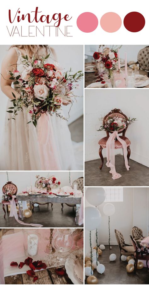 A Vintage Valentine’s Day Wedding Inspiration #vintagevalentinesday #valentinesdayparty #valentinesdayweddingideas #redandblushwedding #blushwedding #valentinesdaywedding Valentines Day Wedding Ideas Receptions, Valentines Theme Wedding, February Wedding Colors, Valentines Theme, Wedding Theme Color Schemes, Colorful Weddings, Loveland Colorado, February Wedding, Palette Ideas