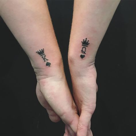 Matching Couple Tattoos Minimalist, King Of Hearts Tattoo, Tat Placement, King And Queen Tattoo, Trendy Tattoo Ideas, Puzzle Tattoos, Vegas Tattoo, Hearts Tattoo, Couples Tattoos