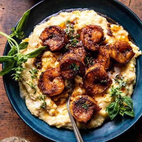 Spicy Garlic Lemon Butter Shrimp with Parmesan Corn Polenta - Half Baked Harvest Spicy Garlic Lemon Butter Shrimp, Parmesan Corn, Shrimp And Polenta, Corn Polenta, Entertaining Meals, Lemon Butter Shrimp, Half Baked Harvest Recipes, Recipes Shrimp, Polenta Recipes