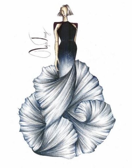 Ocean Waves. B.U.T design illustration. Uyen Truong fashion illustration Wave Dress Drawing, Wave Inspired Fashion, Sea Fashion Design, Sea Inspired Fashion Illustration, Evening Wear Fashion Illustration, Fish Inspired Fashion, Ocean Inspired Fashion, Ocean Inspired Dress, Ocean Waves Illustration