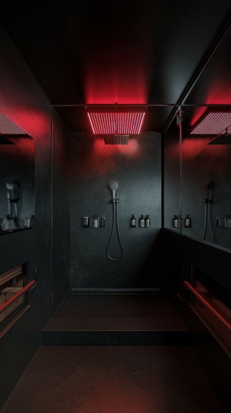 Discover the essence of modern luxury in this all-black bathroom oasis, where sophistication meets simplicity. The clean lines and lack of ornamentation evoke a serene ambiance, while the walk-in shower glows under the radiant red LED light sign. The expansive mirror adds depth, reflecting the rich textures of the black tiles and the stylish towel nearby. This minimalist haven is perfect for those who crave elegance and tranquility in their personal space! #homedecor #homedesign #homeinspiration Dark Spa Bathroom, Black And Red Bathroom, All Black Bathroom, Gothic Bathroom, Red Towels, Bathroom Oasis, Bathroom Retreat, Uni Room, Gentlemans Club