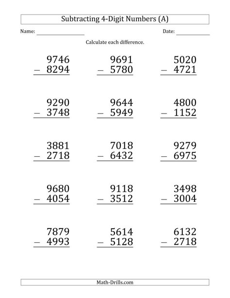 The Large Print 4-Digit Minus 4-Digit Subtraction (A) Math Worksheet from the Subtraction Worksheets Page at Math-Drills.com. Math Subtraction Worksheets, Math Fact Worksheets, Math Practice Worksheets, Math Addition Worksheets, Worksheets For Grade 3, Math Drills, 4th Grade Math Worksheets, Math Subtraction, 3rd Grade Math Worksheets