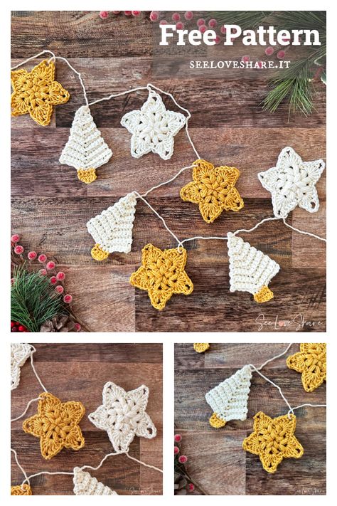 Crochet Christmas Banner, Crocheted Garland, Crocheted Christmas Ornaments, Stars Garland, Garland Ornaments, Crochet Christmas Garland, Crochet Star Patterns, Crochet Christmas Ornaments Free, Crochet Ornament Patterns