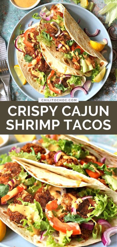 Shrimp And Crab Tacos, Cajun Shrimp Tacos, Shrimp Taco Sauce, Shrimp Tortilla, Crispy Fried Shrimp, Seafood Ideas, Shrimp Lettuce Wraps, Lettuce Tacos, Shrimp Taco Recipes