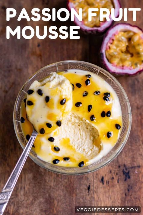 Passion Fruit Mousse is an airy, sweet, and tangy dessert made with just 4 ingredients. Quick and easy to make, it's a popular Brazilian dessert known as Mousse de Maracuja. Use fresh or frozen passionfruit pulp and serve this tropical treat poolside or at a summer BBQ! Brazilian Dessert, Beach Dessert, Senior Banquet, Fruit Mousse, Passion Fruit Mousse, Passionfruit Recipes, Brazilian Desserts, Lemon Pound Cake Recipe, Fruit Cream