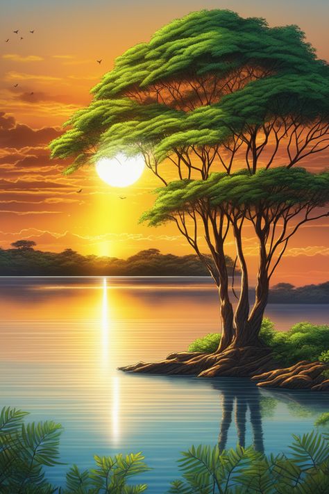 A sunset over a body of water, very beautiful forest of acacia trees at the waters edge, exotic trees, night, by Melak Mk Beautiful Landscape Paintings, Beach Art Painting, Beautiful Scenery Photography, Beautiful Landscape Photography, Beautiful Art Pictures, Body Of Water, Landscape Art Painting, Beauty Nature, Amazing Nature Photos