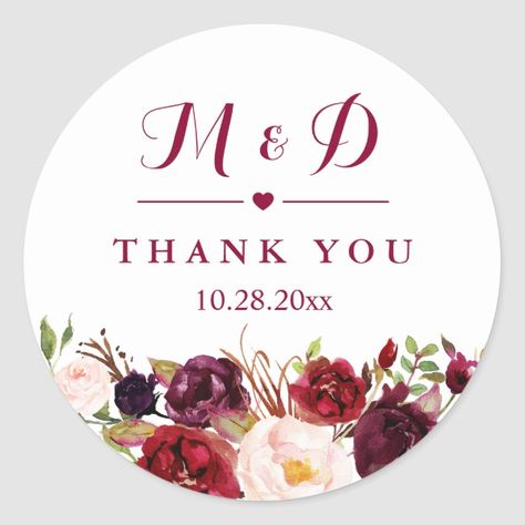 Rustic Burgundy Red  Floral Monogram Wedding Favor Classic Round Sticker#cardhunter #zazzle Soap Logo, Burgundy Wedding Ideas, Wedding Favours Thank You, Floral Wedding Favors, Summer Wedding Guest Dress, Wedding Favor Labels, Wedding Favors And Gifts, Best Wedding Invitations, Wedding Stickers Labels