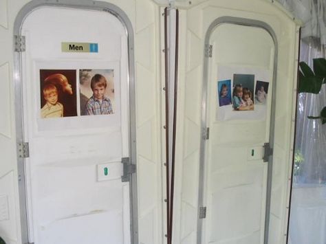 LOL how to make the wedding portapotties personalized - bride and groom (women and men) childhood photos! How To Decorate A Porta Potty, Port A Potty Decorations, Wedding Porta Potty Ideas Outdoor, Decorating Porta Potty For Wedding, Wedding Porta Potty, Porta Potty Wedding, Wedding Candles Diy, Portable Potty, Bbq Rehearsal Dinner