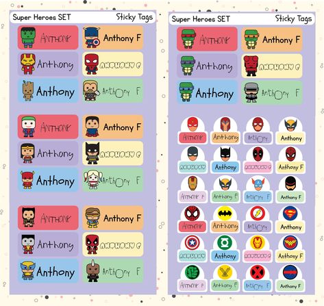 All our Superhero Sticky Tags Collection is here!! Includes all of our wonderful Superhero tag sets. 6 sets in total, making it 48 great unique sticky tags. Our kids name sticker Tags (Sticky Tags) – a must-have for any busy family! These self-adhesive labels are perfect for keeping track of your child's belongings, ensuring that their items are never lost or mixed up with others. Superhero Name Tags, Kids Name Tags, Nametags For Kids, Daycare Labels, Name Sticker, Busy Family, Feb 8, Name Stickers, Kids Stickers