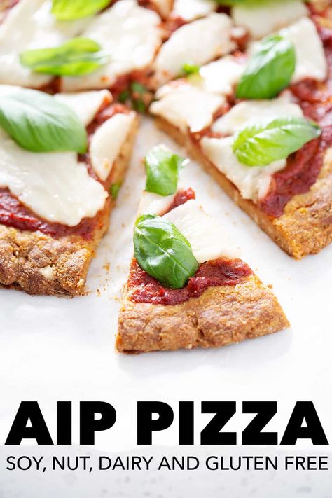 This AIP Pizza Crust uses a combination of flours to make a pizza that holds together well and is easy to make. Pair this with my tomato free pizza sauce and AIP Mozzarella Cheese for the BEST AIP Pizza EVER. This recipe fits the Whole30, Paleo and AIP diets. Aip Pizza Recipes, Aip Mexican Recipes, Tomato Free Pizza, Aip Pizza Crust, Aip Flatbread, Aip Pizza, Aip Dinner, Aip Foods, Aip Meals