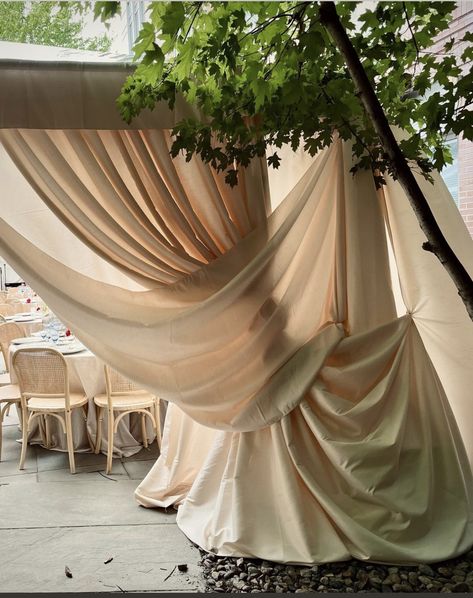 Wedding Ceiling Drapery, Draped Fabric Backdrop, Arch Drapery Wedding, Wedding Ceiling Draping, Ceremony Draping, Party Tent Decorations, Draped Tent, Graceland Wedding, Drapery Wedding