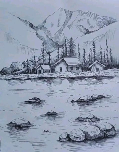 Aesthetic Landscape Sketch, Landscape Sketch Pencil Easy, Nature Sketches Pencil Inspiration, Nature Pencil Sketches, Easy Nature Sketches, Landscape Drawings Pencil, Nature Drawings Simple Sketch, Scenery Sketch, Nature Sketches Pencil