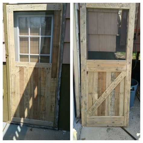 Door For Chicken Coop, Rustic Screen Door, Barn Yard Doors, Garden Enclosure Ideas, Screen Door Ideas, Garden Enclosure, Custom Screen Doors, Pallet Door, Stable Doors