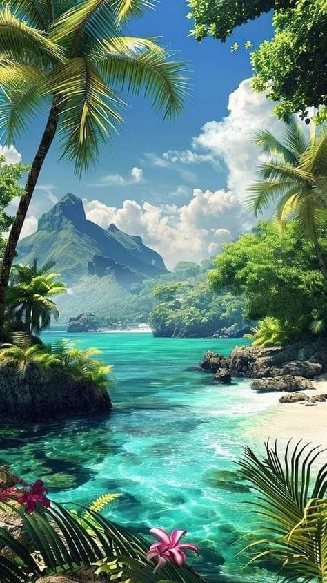 Tropical Background Landscape, Aesthetic Island Pictures, Summer Landscape Wallpaper, Summer Vibes Background, Tropical Beach Aesthetic, Seaside Images, Wallpaper Beach Aesthetic, Green Aesthetic Background, Iphone Wallpaper Beach