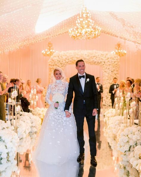 Inside Paris Hilton's Fairytale Wedding to Carter Reum | A feast for the eyes, from fashion to florals! High Neck Lace Wedding Dress, Hilton Wedding, Wedding Dress Necklace, Boho Princess, Princess Wedding Gown, Walk Down The Aisle, Nicky Hilton, Long Sleeve Wedding Dress Lace, Princess Wedding