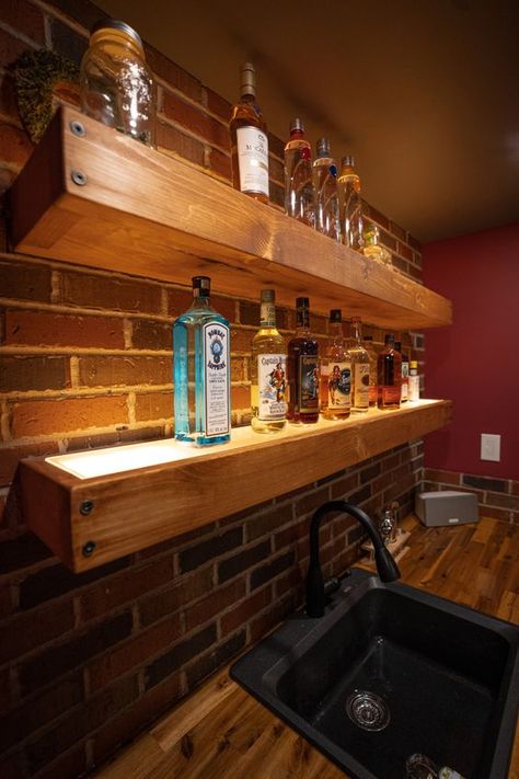 Led Bar Shelves, Wooden Bar Shelves Ideas, Home Bar Shelves Ideas, Light Up Bar Shelves, Bar Shelves With Lights, Behind The Bar Setup, Diy Liquor Shelf, Diy Bar Wall, Pub Bar Ideas