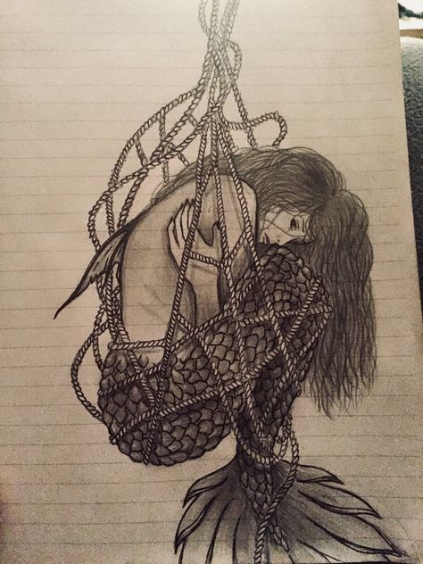 Mermaid or siren caught in a fishing net while deep sea fishing. She is not amused with her tail fins being caught and tangled Mermaid In Net Drawing, Mermaid In Net Tattoo, Deep Sea Fishing Tattoo, Fishing Net Tattoo, Sea Siren Tattoo, Dark Sea Tattoo, Mermaid Caught In Net, Deep Sea Tattoo Ideas, Fishing Net Drawing