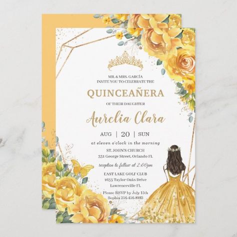 Quinceañera Yellow Floral Gold Princess 15 Anos In Invitation Yellow Quince, Princess Birthday Invitations, 16th Birthday Invitations, Quinceanera Themes, Invitation Elegant, Quinceanera Party, Sweet 16 Invitations, Quinceanera Invitations, 16th Birthday Party