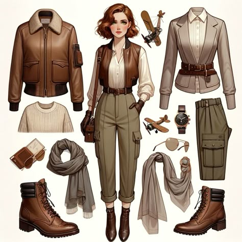 Amelia Earhart Outfit Female Girl Engineer Female Journalist Character Design, Cartographer Aesthetic Outfit, Archeologist Aesthetic Outfit, Engineer Outfit Women, Character Outfits Female Casual, Adventurer Outfit Female, Female Engineer Outfit, Explorer Aesthetic Outfit, Modern Fantasy Clothing