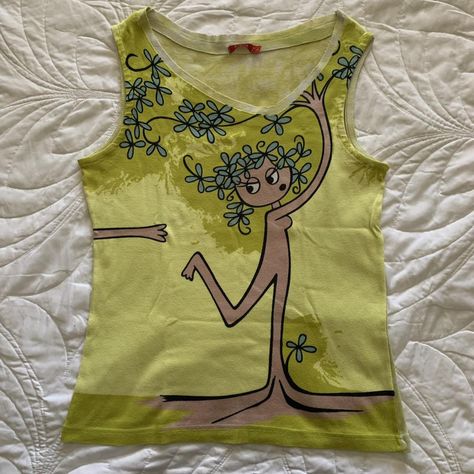 Funky y2k graphic top, woman tree graphic. Size large Funky Tops Aesthetic, Funky Tank Tops, Funky Tops, Woman Tree, Funky Shirt, Woman Graphic, Thrift Y2k, Funky Shirts, Tree Woman