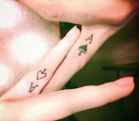 25 Finger Tattoo for Couples That Are An Emblem of True Love & Romance - Hike n Dip Ace Of Spades Finger Tattoo, Spade Tattoo For Women, Ace Finger Tattoo, Ace Tattoos, Card Tattoos, Ace Of Spades Tattoo, Queen Of Hearts Tattoo, Finger Tattoos For Couples, Spade Tattoo