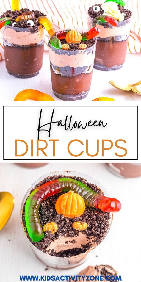 Turn quick and easy Dirt Cups into a fun Halloween treat for your Halloween parties! Instant Chocolate pudding, crushed Oreo "dirt" layered in a glass and topped with spooky candy eyes, chocolate pumpkins, ghost and skulls make these Halloween Dirt Cups cute and delicious! Halloween Dirt Cups, Halloween Dirt, Crushed Oreo, Oreo Dirt, Dirt Cups, Candy Eyes, Spooky Candy, Homemade Pudding, Halloween Treats For Kids