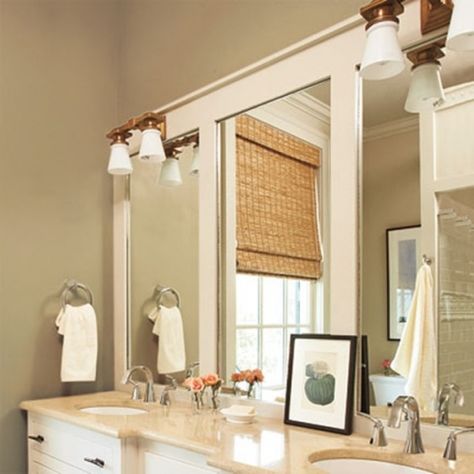 paneled overlay on bathroom mirror Style At Home, A Mirror, Beautiful Bathrooms, Home Fashion, My Dream Home, Home Interior, Home Deco, Home Remodeling, Home Projects