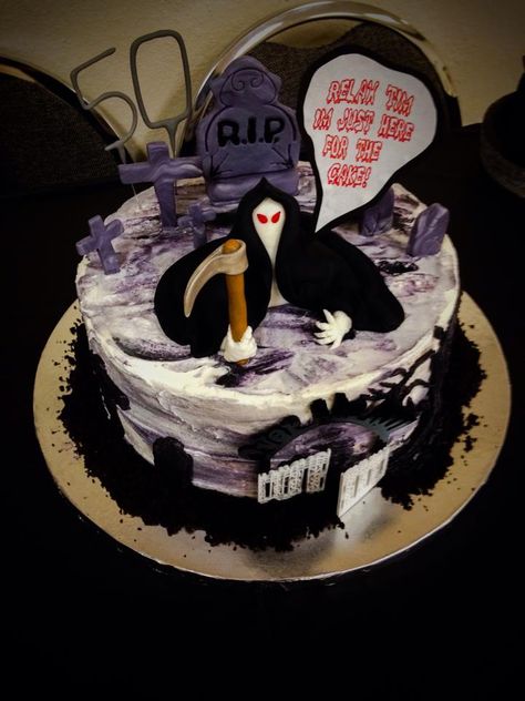 Made for friend's 50th Birthday. Grim Reaper Cake, Cake For Him, 50th Birthday Themes, Halloween Themed Birthday Party, Birthday Tattoo, Cupcakes Ideas, 50th Birthday Cake, Birthday Themes, Halloween Cakes