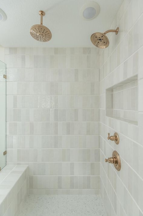 Artisan White Tile Bathroom, Mcgee And Co Bathroom Tile, Shower With Soffit, Classic Transitional Bathroom, Transitional Bathroom Shower Tile, Primary Bath Tile Combinations, Simple Classic Bathroom Design, Shower Tile Timeless, Bathroom Tile Coastal