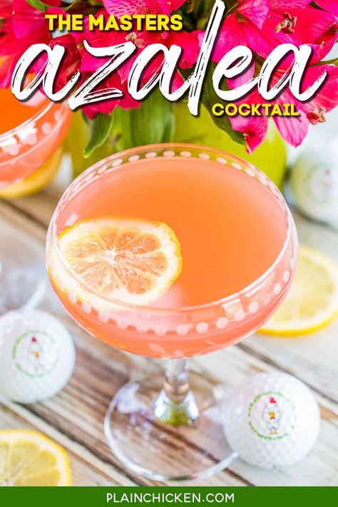 Azalea Cocktail - the signature cocktail of the Masters golf tournament! SO light and refreshing! Perfect for watching the golf tournament and spring/summer parties. Lemon juice, pineapple juice, vodka and grenadine. Can make a pitcher or a single cocktail. This is our signature cocktail recipe! SO good! #cocktail #vodka #lemon #pineapple #themasters Azalea Cocktail, Tournament Food, The Masters Golf, Vodka Lemon, Masters Golf Tournament, Cocktail Vodka, Juice Pineapple, Booze Drink, Light Drinks