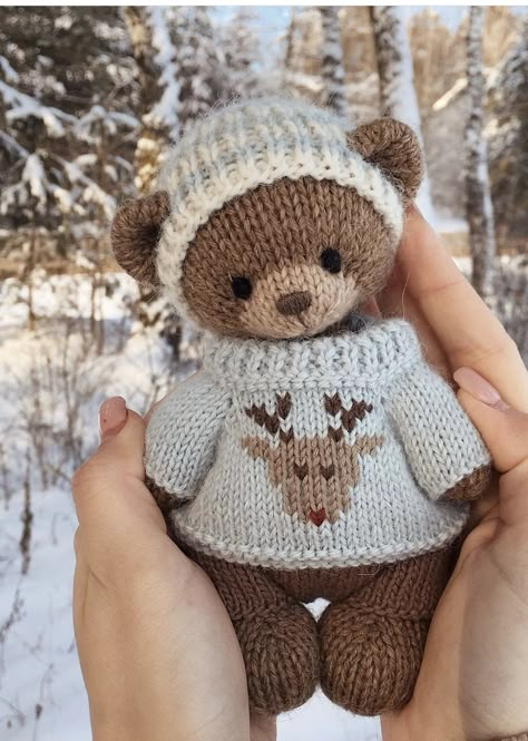 Knitted Plushies Patterns, Crochet Animals With Clothes, Knitting Plushies, Crochet Doll Sweater, Knitted Plushies, Winter Amigurumi, Knit Plushies, Christmas Plushies, Knit Amigurumi