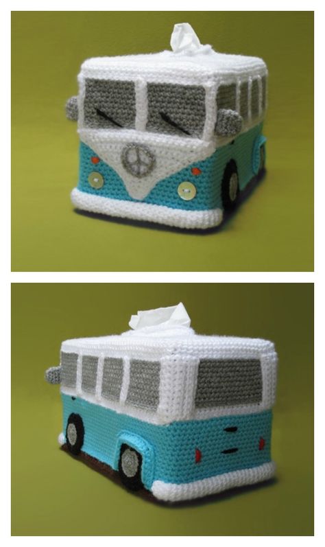 Crochet VW Bus Tissue Box Cover Pattern Crochet Vw Bus, Phone Crochet, Crochet Learning, Crochet Phone Cases, Kleenex Box Cover, Crochet Mobile, Crochet Box, Pola Amigurumi, Plastic Canvas Tissue Boxes