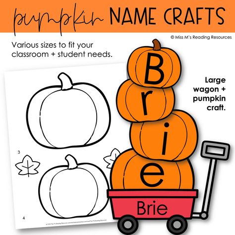 Invite students to complete these festive + fun pumpkin crafts this fall! The printable crafts comes in black and white and color versions. They are also available in Google Slides™ so you can easily differentiate to fit your needs. Students will enjoy identifying the letters in their name and ordering them to complete the activity. The completed craft makes a great bulletin board display or classroom decor.Take it a step further and laminate the finished product for students to take home to the Fall Books With Crafts, Pumpkin Patch Name Craft, Fall Themes For Bulletin Boards, Pumpkin Name Craft Preschool, Halloween Preschool Craft, Pumpkin Classroom Activities, Halloween Name Craft, Pumpkin Name Craft, Fall Activities Kindergarten