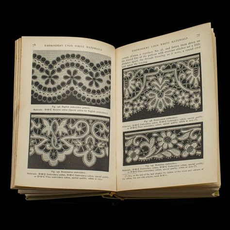 This is a small antique needlework encyclopaedia. An English language, embroidery technique and pattern guide, dating to the late Victorian period, circa 1900.  Beginning in the Alsace region in the 18th century, Dollfus-Mieg et Compagnie (DMC) is a long-established French textile company headquartered in the town of Mulhouse. This guide authored by Thérèse De Dillmont (1846 - 1890) an Austrian writer and needleworker. Enterprising and experienced in the field of embroidery, De Dillmont had shops across Europe and is considered a pioneer of international hobbyist needlework.  Superb guide, in a delightfully compact form Bound in green cotton with contrasting black titling Translated from the original French across 850+ pages Illustrated with monochrome engravings throughout Accentuated wit Arts And Crafts Movement Embroidery, Antique Embroidery Patterns, Edwardian Embroidery, German Embroidery, Broidery Anglaise, Victorian Embroidery, French Cross Stitch, Vintage Needlework, Antique Embroidery