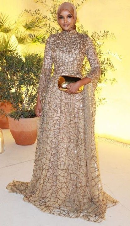 Halima Aden - Fashion Trust Arabia 2022 High Neck Long Sleeve Wedding Dress, Halima Aden, Hijabi Gowns, Printed Dresses Fashion, Cynthia Erivo, Soiree Dress, Tory Burch Dress, Wedding Guest Looks, Muslimah Fashion Outfits